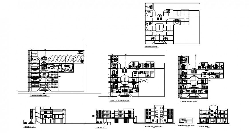 Floor plan elevation and section view of hotel in auto cad file