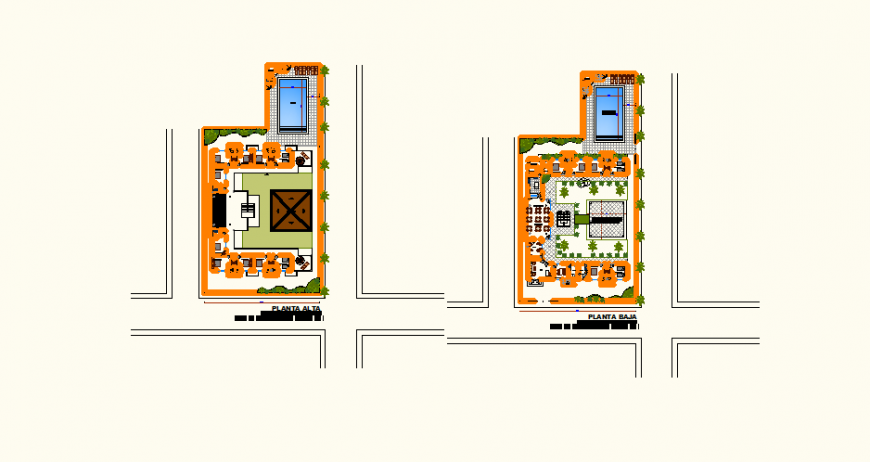 Floor plan of area with hotel design with architectural detail dwg file