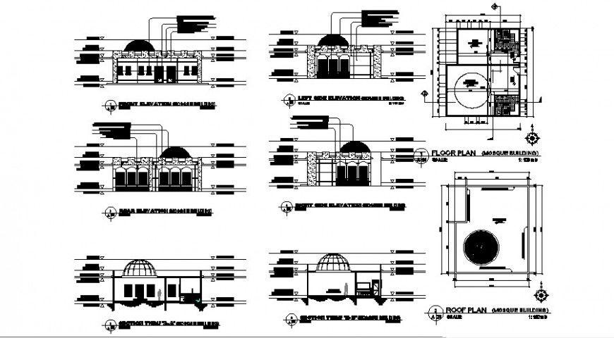 Floor plan of mosque building and elevation 2d view drawing in autocad format