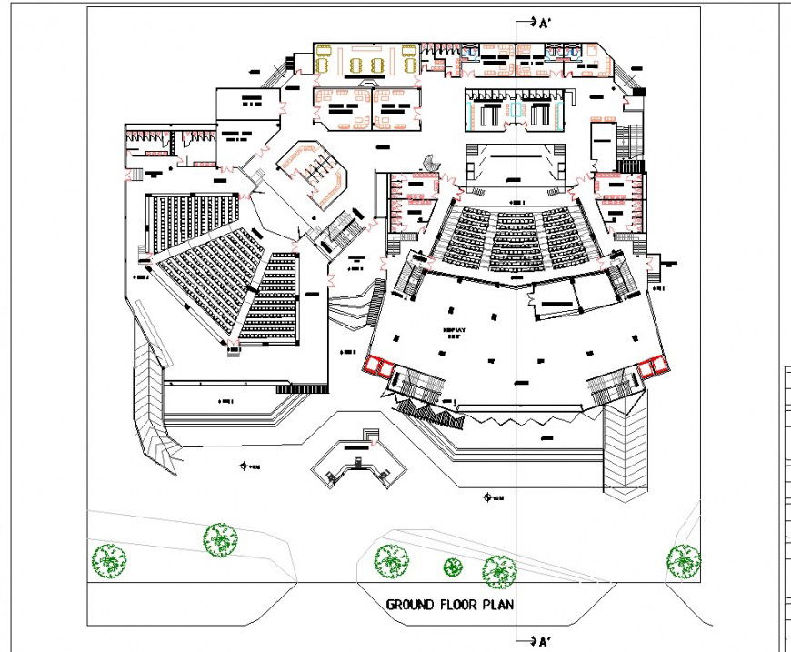 Floor plan of multi-plex theater building detail 2d view layout file in Autocad format