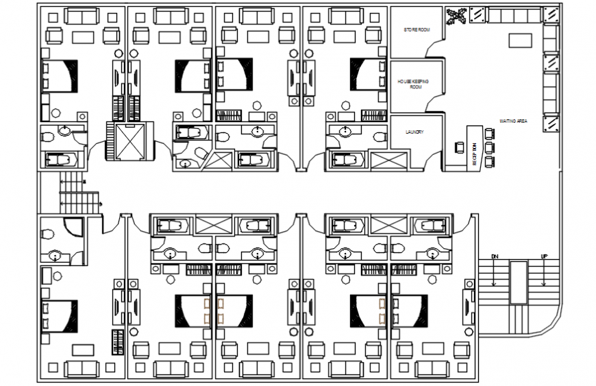 Floor plan of paying guest building 2d view autocad software file