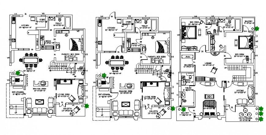 Floor plan of residential fully furnished apartment 2d view autocad file