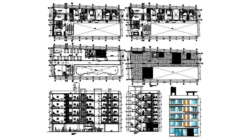 Floor plan of restaurant and different axis elevation in AutoCAD file