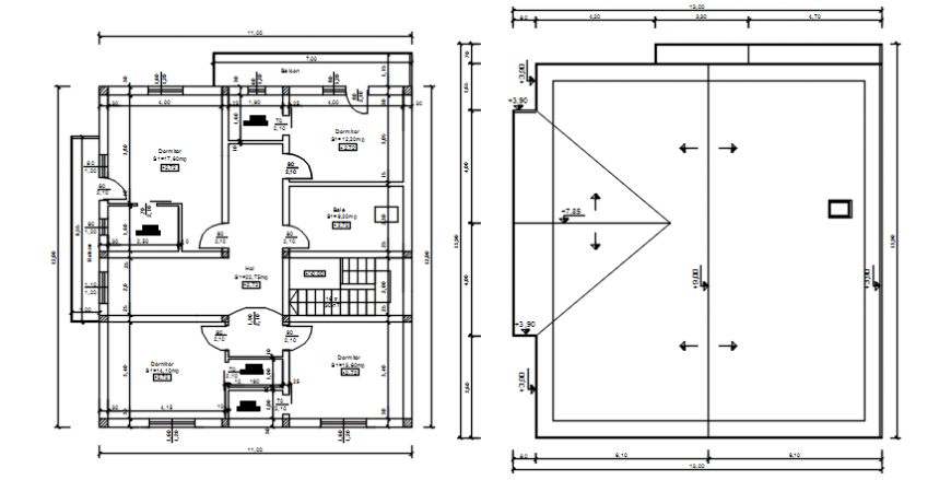 Floor plan with roof plan of house in AutoCAD