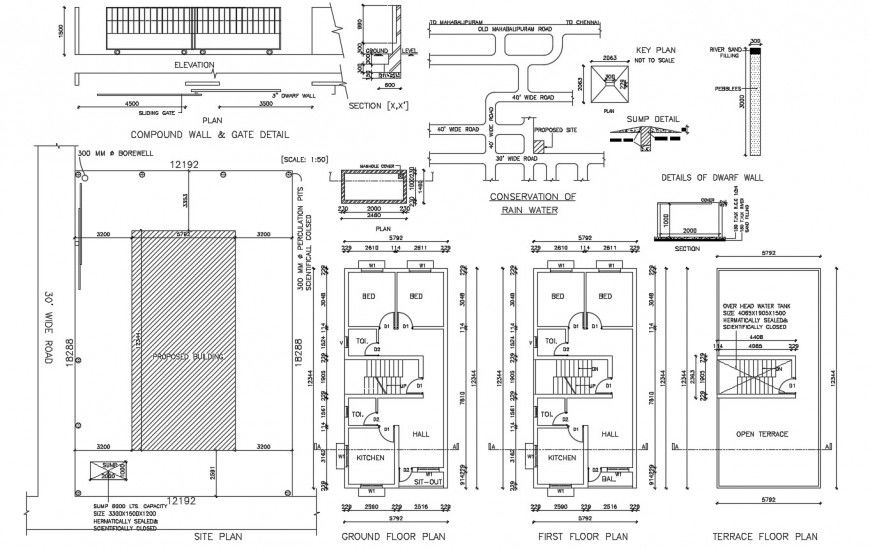 Floor plan with terrace area and detail of house in auto cad