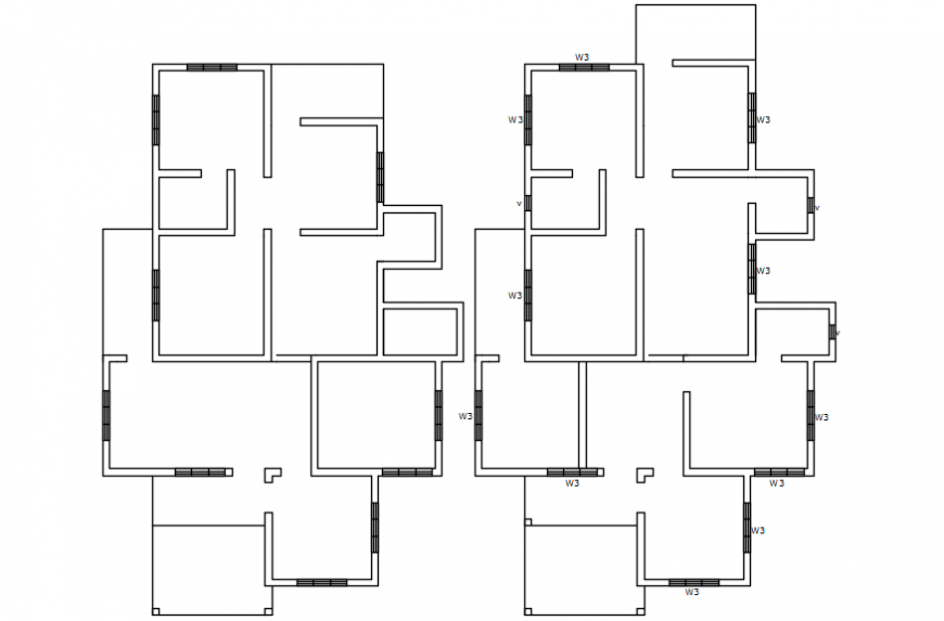 Floor plan with walls and door-window openings cad file