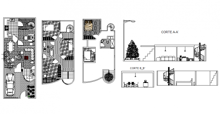 Flooring and section detail drawing of villa in dwg file.