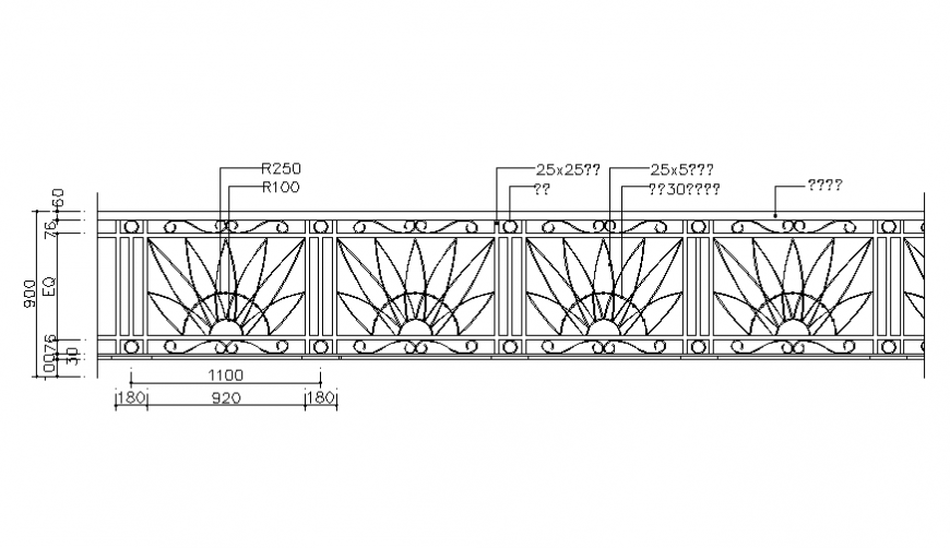 Floral pattern railing section cad drawing details dwg file