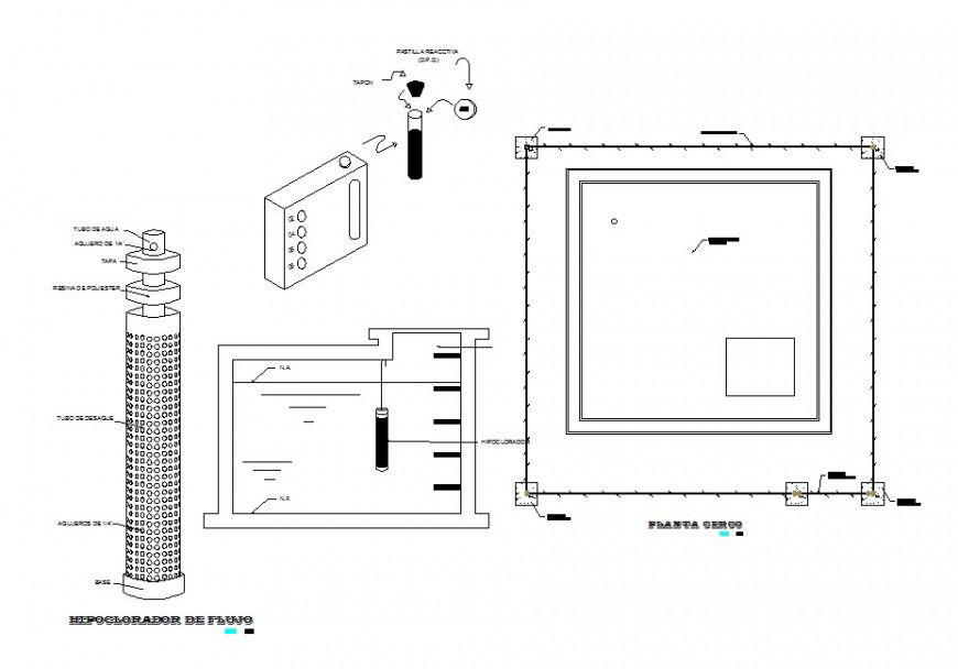 Flow hypo chlorinator plan and elevation detail dwg file
