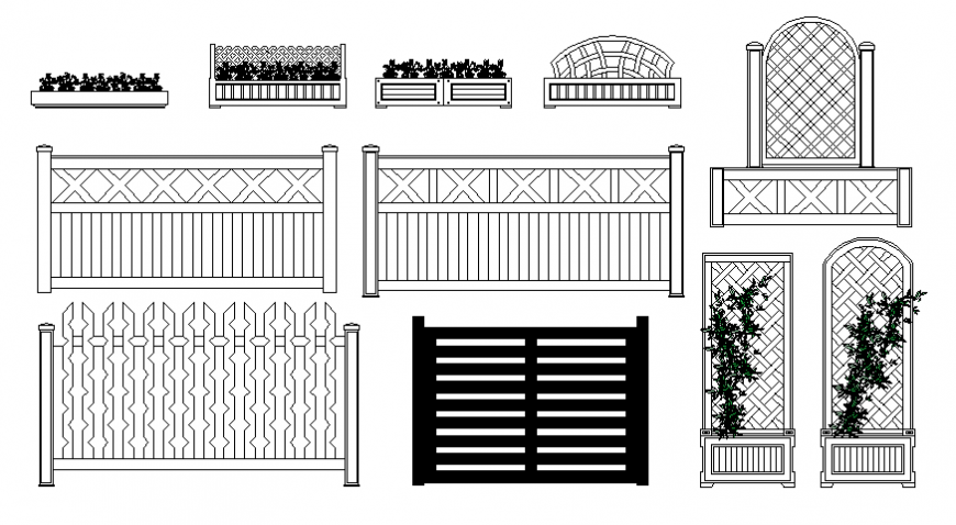 Flower bed and wooden fences dwg file