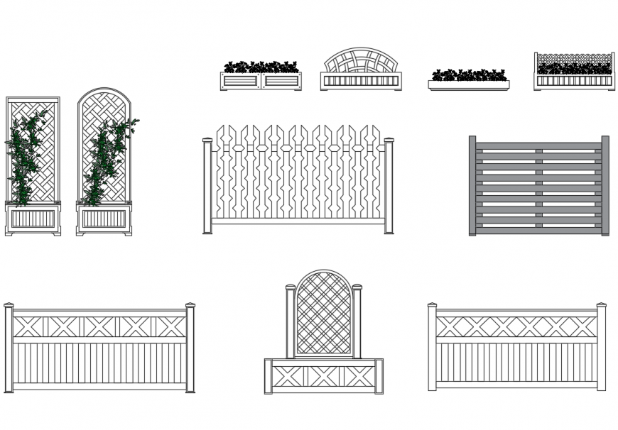 Flower planter beds and fences cad blocks of garden dwg file
