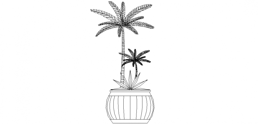 Flower pot design view with view of an area of the tree plant view dwg file