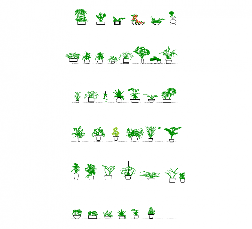 Flower pot with plant different types design dwg file