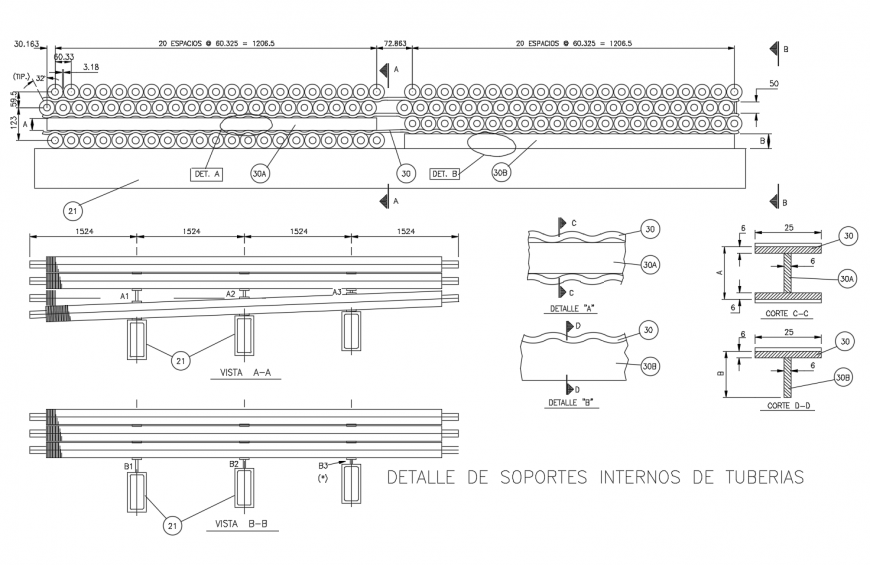 Fluttered pipes section and joints cad drawing details dwg file