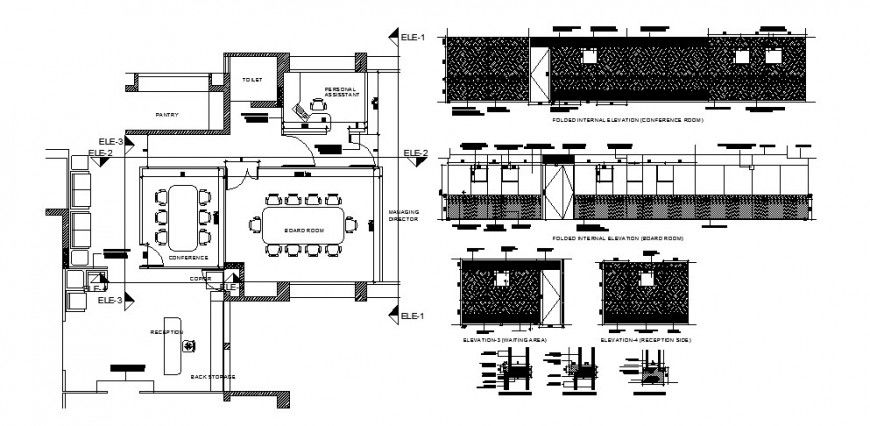 Folded elevation for conference room, layout plan and auto-cad details of corporate building dwg file