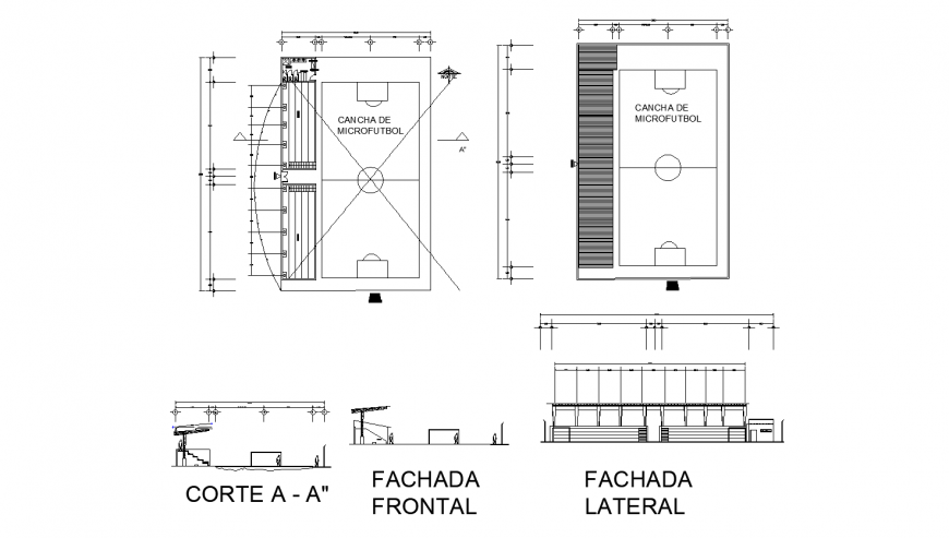 Foot-ball court elevation and landscaping structure details dwg file