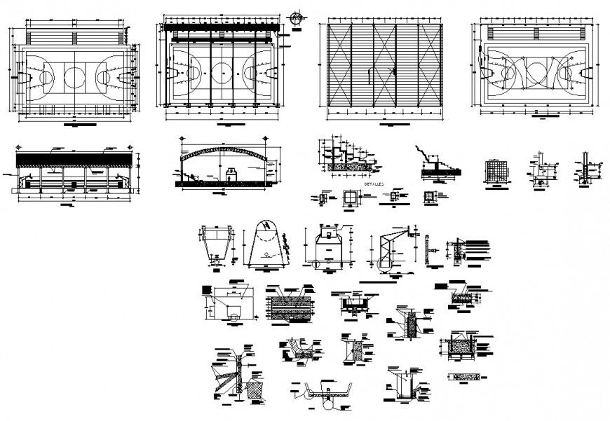 Basket-ball ground plan, elevation and section detail 2d view CAD structure layout dwg file