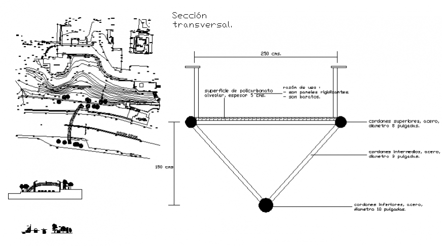 Foot bridge elevation, section and construction details dwg file