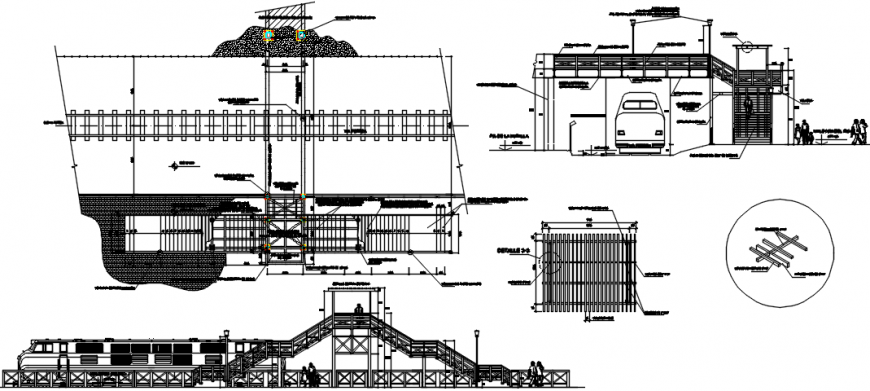 Foot bridge main section and constructive structure drawing details dwg file