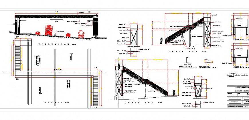 Foot bridge section, staircase and constructive structure details dwg file