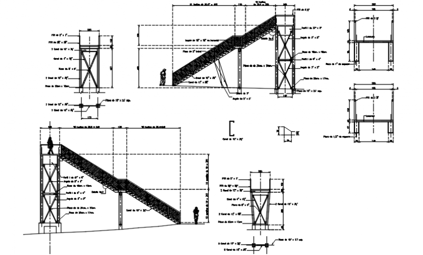 Foot bridge with staircase sections and construction details dwg file