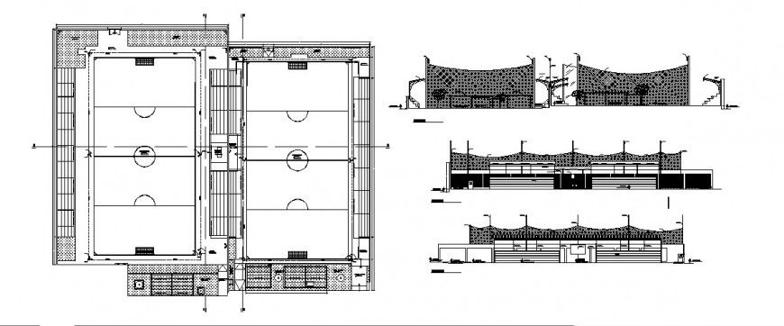 Football ground plan and elevation detail drawing in dwg AutoCAD file.