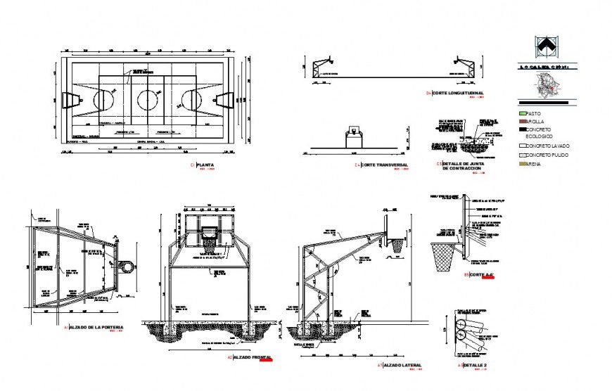 Baksetball playground detail plan, elevation and section 2d view CAD block autocad file