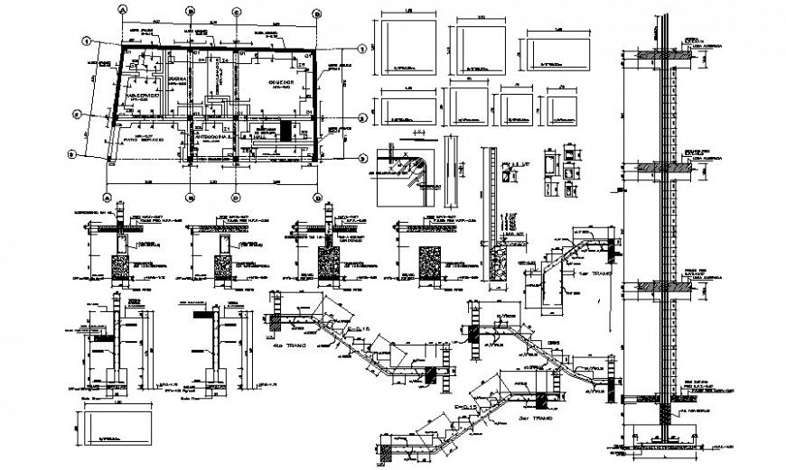 Footing and staircase details drawing in autocad