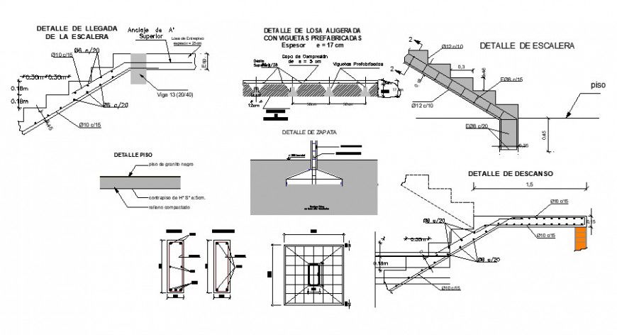 Footing and staircase details of structure 2d view autocad file