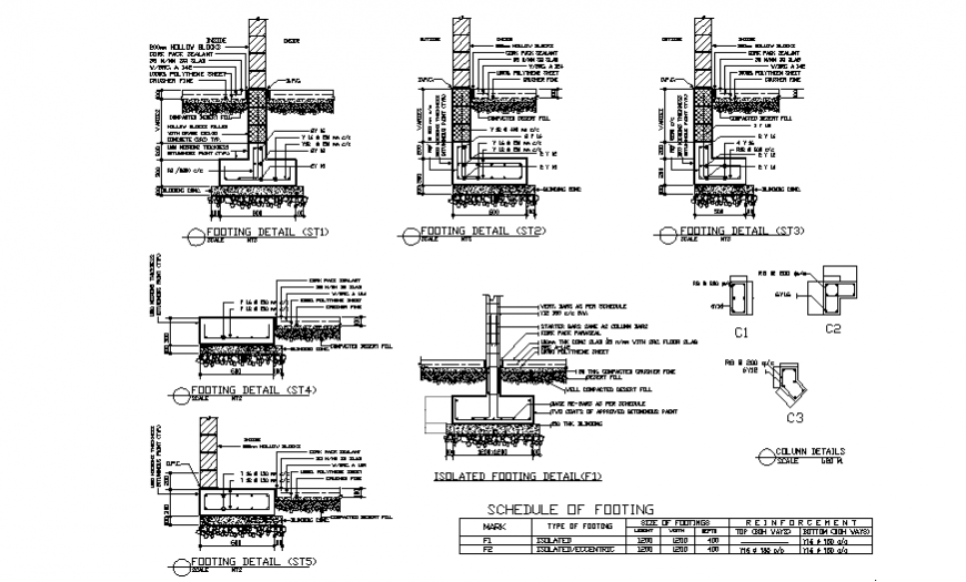 Footing construction details of building with column schedule dwg file