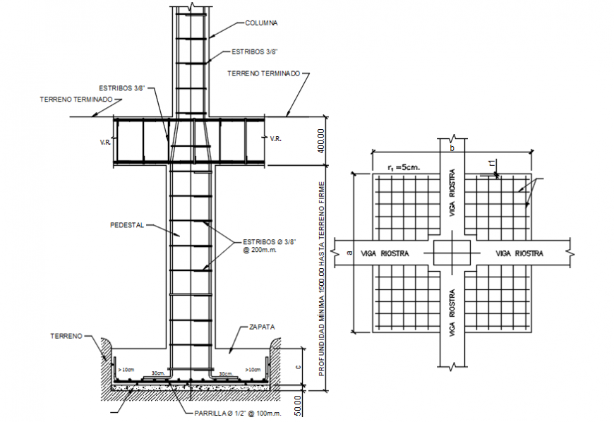 Footing foundation section and constructive structure drawing details dwg file