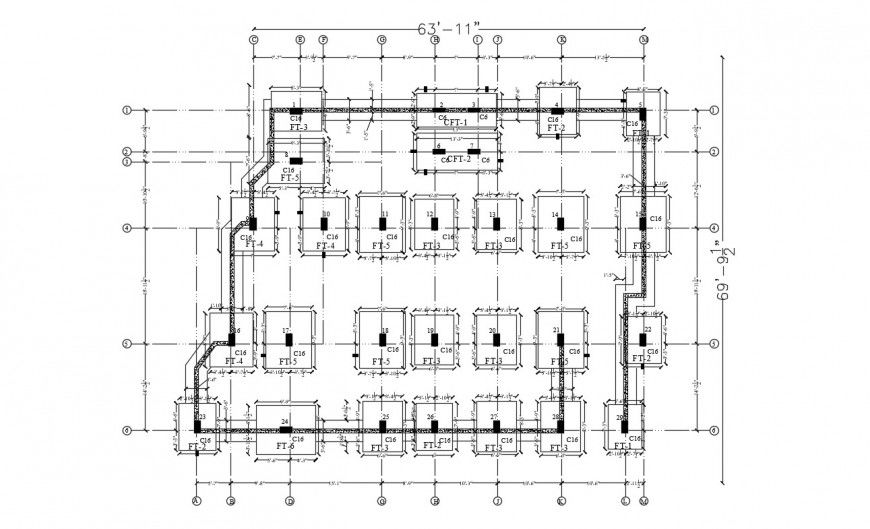 Footing layout of a residential apartment in dwg file