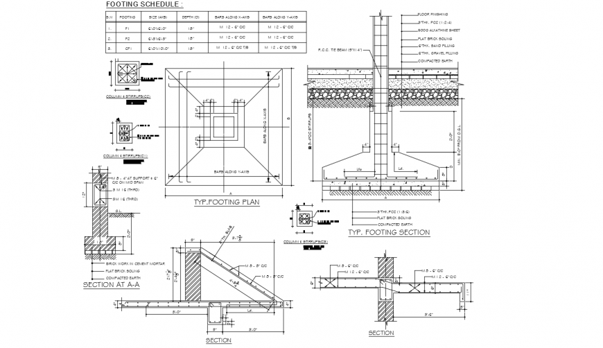 Footing plan,section view with detail with construction design dwg file
