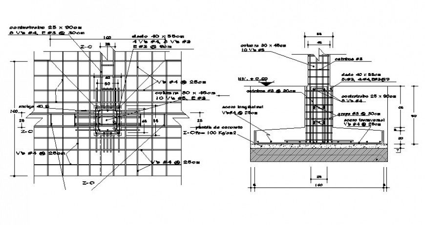 Footing structure 2d view construction blocks of autocad software file