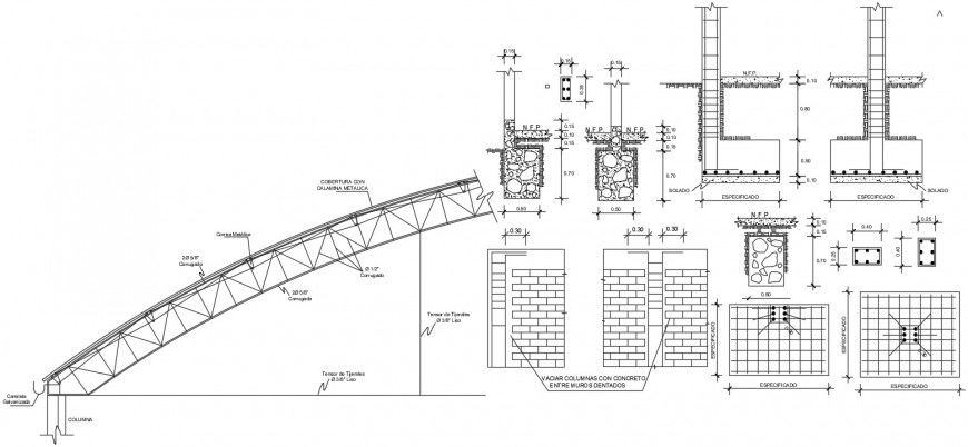 Footings, brick wall and construction details of warehouse dwg file