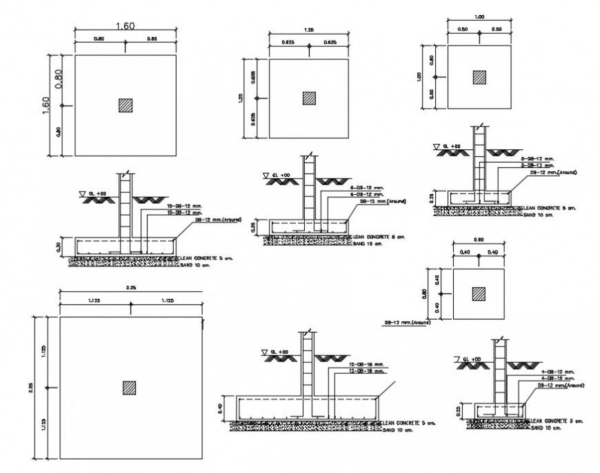 Footings, shoe foundation and column structure cad drawing details dwg file