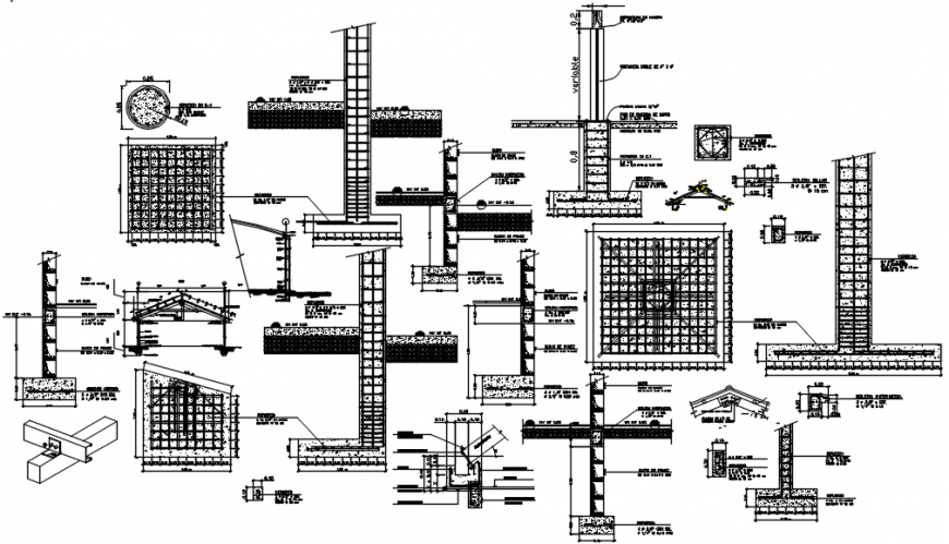 Footings, shoe foundation and constructive structure details of house dwg file