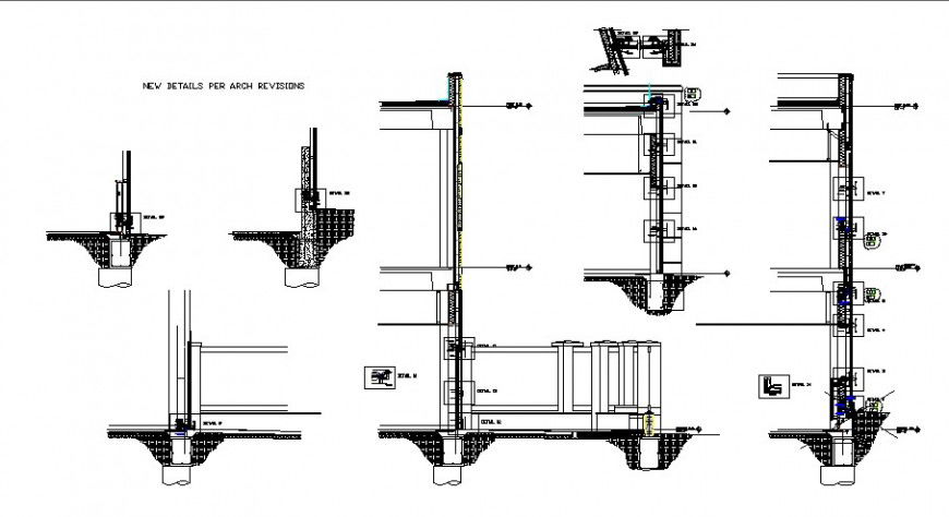 Footings construction, arc and constructive section details dwg file