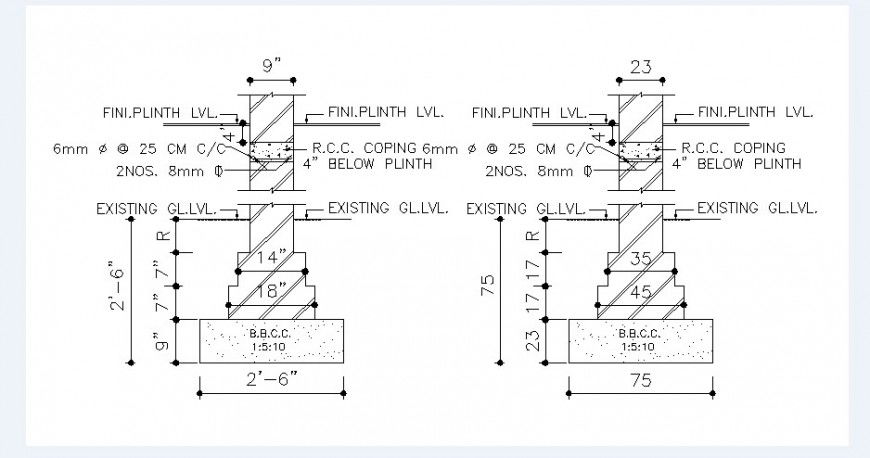Footings section and constructive structure details for house dwg file