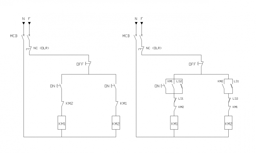 Forward and reverse control circuit detail elevation 2d view dwg file