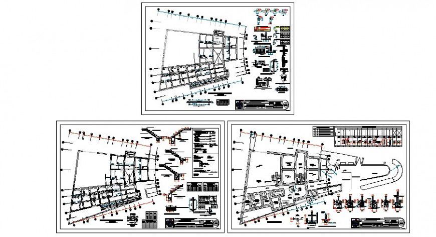 Foundation, staircase and construction details of all floors of office building dwg file
