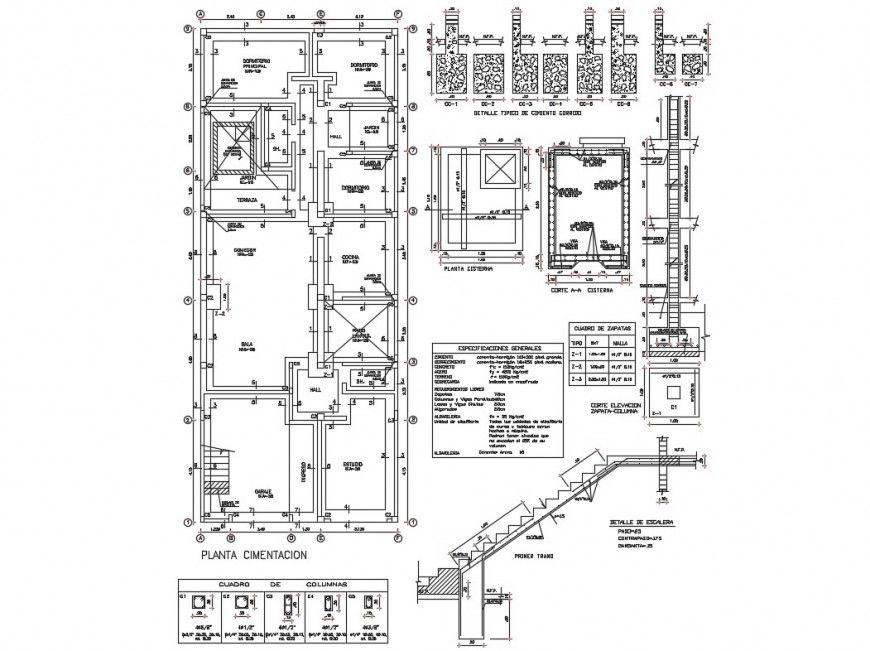 Foundation, staircase and constructive details of building dwg file