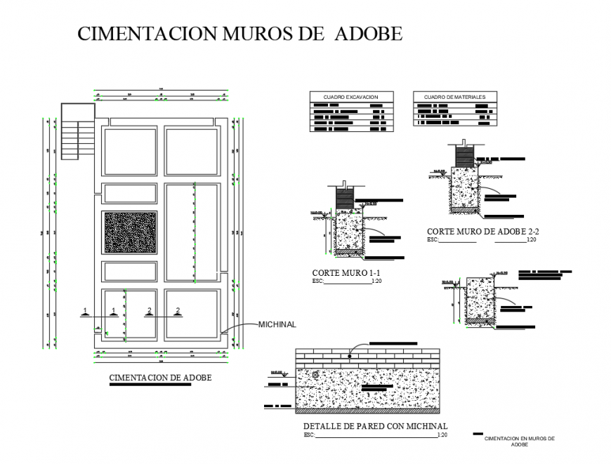 Foundation adobe wall construction cad drawing details dwg file