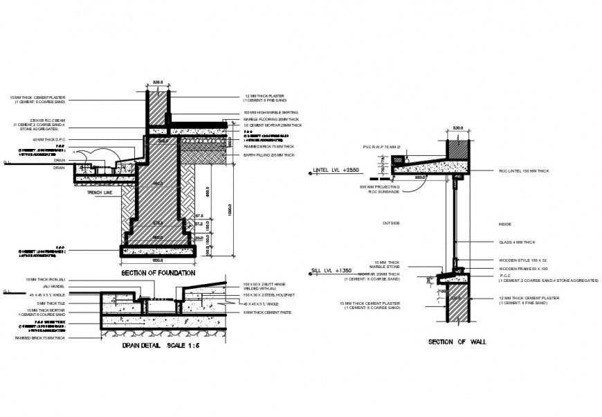Foundation and drainage plumbing DWG file with constructive detail set