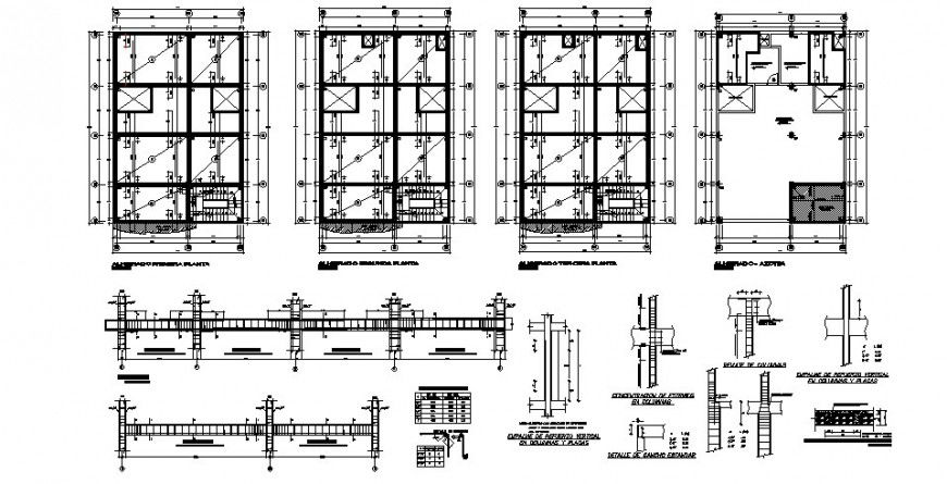 Foundation and several structure details of all floors of residential building dwg file