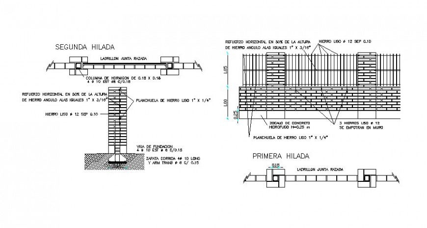Foundation brick wall plan and section detail dwg file
