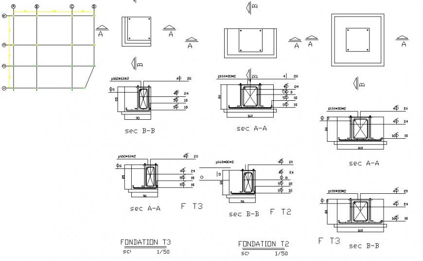 Foundation detail 2d view CAD structural block layout autocad file