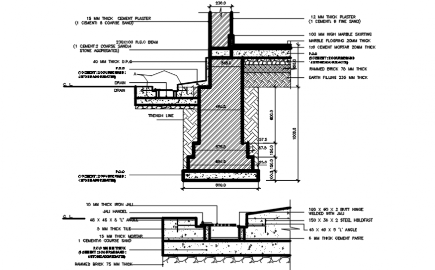 Foundation drain constructive structure drawing details dwg file