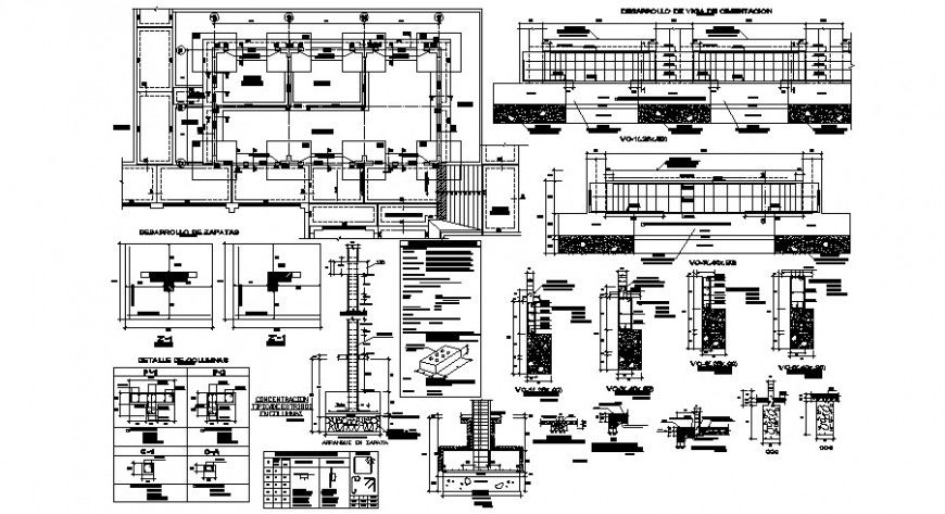 Foundation footing plan and various other RCC structural details in autocad