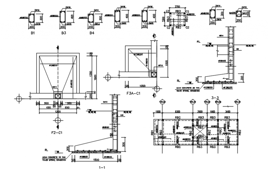 Foundation footing RCC structure 2d view CAD drawings dwg file